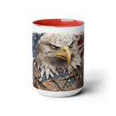 American Flag Two-Tone Coffee Mugs, 15oz Cup with American Warrior Eagle