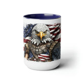 American Flag Two-Tone Coffee Mugs with a Warrior American Bald Eagle - 15oz Cup