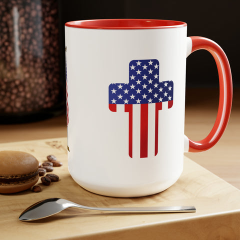 American Flag Two-Tone Coffee Mugs, 15oz - Cross, Flag Pole and American Flag Eagle