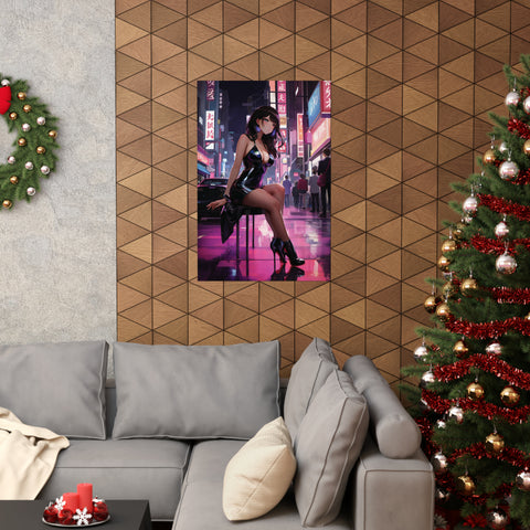 Sexy Anime Woman on a Japanese City Neon Street Wall Art Poster - Premium Quality Anime Poster