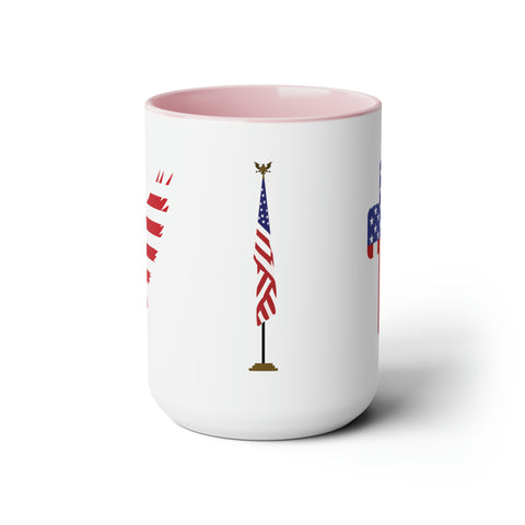 American Flag Two-Tone Coffee Mugs, 15oz - Cross, Flag Pole and American Flag Eagle