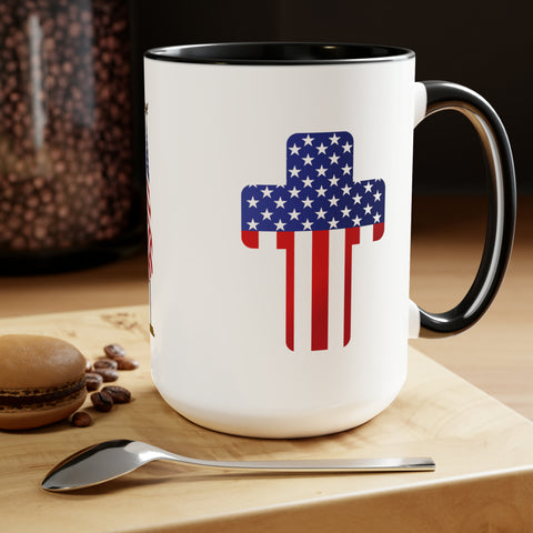 American Flag Two-Tone Coffee Mugs, 15oz - Cross, Flag Pole and American Flag Eagle