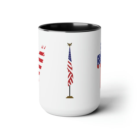 American Flag Two-Tone Coffee Mugs, 15oz - Cross, Flag Pole and American Flag Eagle