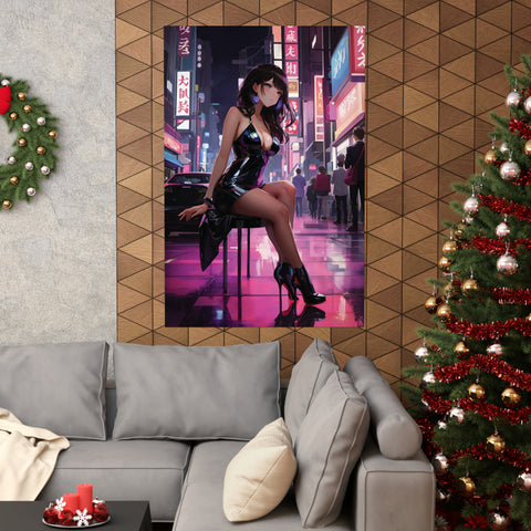 Sexy Anime Woman on a Japanese City Neon Street Wall Art Poster - Premium Quality Anime Poster