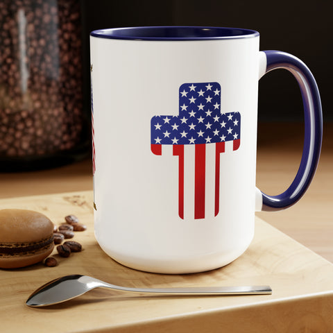 American Flag Two-Tone Coffee Mugs, 15oz - Cross, Flag Pole and American Flag Eagle