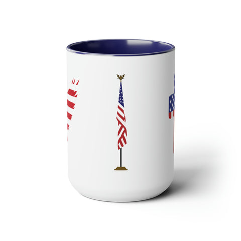 American Flag Two-Tone Coffee Mugs, 15oz - Cross, Flag Pole and American Flag Eagle