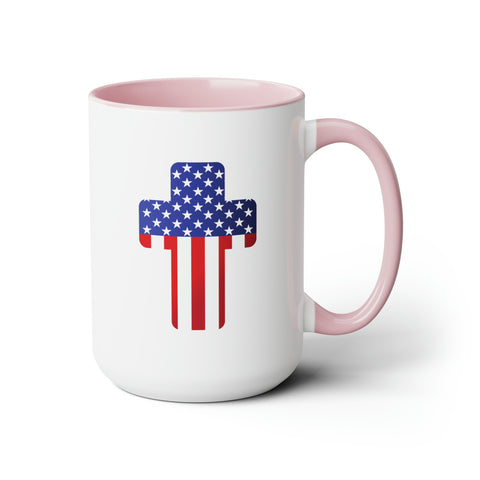 American Flag Two-Tone Coffee Mugs, 15oz - Cross, Flag Pole and American Flag Eagle