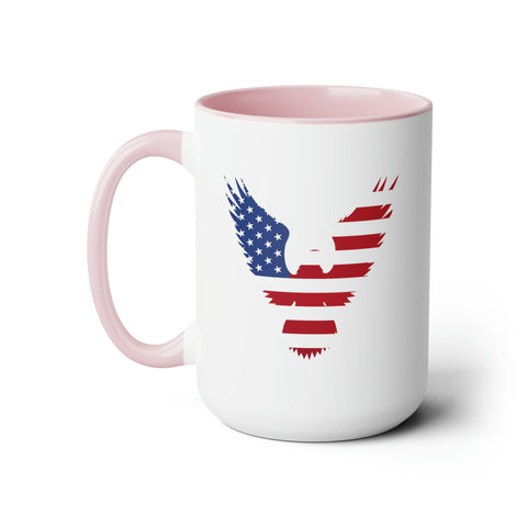 American Flag Two-Tone Coffee Mugs, 15oz - Cross, Flag Pole and American Flag Eagle